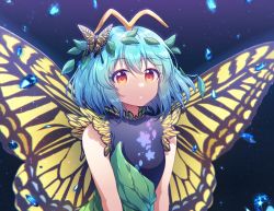 Rule 34 | 1girl, absurdres, antennae, aqua hair, butterfly hair ornament, butterfly wings, dress, eternity larva, fairy, gem, green dress, hair between eyes, hair ornament, highres, insect wings, kaoling, leaf, leaf on head, multicolored clothes, multicolored dress, open mouth, orange eyes, short hair, short sleeves, solo, touhou, upper body, wings