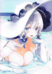 Rule 34 | 1girl, :d, absurdres, ahoge, azur lane, bare shoulders, beach, blue eyes, blue sky, blush, breasts, cleavage, day, detached collar, dress, elbow gloves, glint, gloves, hand up, hat, highres, illustrious (azur lane), large breasts, long hair, looking at viewer, lying, mirei, mole, mole under eye, ocean, on stomach, open mouth, outdoors, scan, silver hair, sky, smile, solo, strapless, strapless dress, sun hat, sunlight, upper body, water, white dress, white gloves, white hat