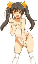 Rule 34 | 1girl, ashley (warioware), bad deviantart id, bad id, bikini, black hair, blush, breasts, cleavage, clothes pull, covering privates, covering crotch, fang, highres, long hair, looking at viewer, madkaiser, mario (series), nintendo, open mouth, red eyes, shirt, shirt pull, simple background, skirt, skirt pull, solo, swimsuit, thighhighs, twintails, warioware, white background, white thighhighs