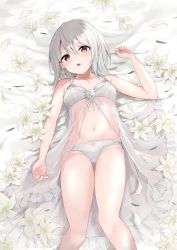 Rule 34 | 0shino, 1girl, absurdres, babydoll, bare arms, bare shoulders, breasts, flower, halterneck, hand up, highres, lily (flower), lingerie, long hair, looking at viewer, lying, navel, on back, open mouth, original, panties, petals, red eyes, see-through, silver hair, small breasts, solo, spaghetti strap, stomach, thighs, underwear, underwear only, white flower, white panties