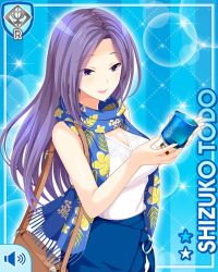 Rule 34 | 1girl, blue background, blue skirt, breasts, card, character name, cleavage, closed mouth, cup, dress, girlfriend (kari), holding, leggings, long hair, looking at object, matching hair/eyes, official art, purple eyes, purple hair, handbag, qp:flapper, scarf, shine, shirt, skirt, smile, solo, standing, tagme, teacher, todo shizuko, white shirt