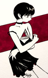 Rule 34 | 1girl, absurdres, crossed arms, dress, highres, hole in chest, hole on body, limited palette, looking away, original, pixie cut, profile, scar, scar on leg, short hair, solo, spot color, stitches, strap slip, yamakita higashi