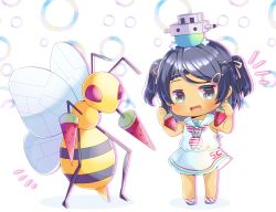 Rule 34 | 1girl, :d, bare arms, bare shoulders, beedrill, black hair, blush, braid, chibi, commentary request, commission, creatures (company), crossover, dress, fang, food, game freak, gen 1 pokemon, grey eyes, hair ornament, hair ribbon, hairclip, highres, holding, holding food, kantai collection, kou hiyoyo, looking at viewer, mole, mole under eye, nintendo, notice lines, open mouth, pink ribbon, pixiv commission, pokemon, pokemon (creature), popsicle, ribbon, sailor collar, sailor dress, scirocco (kancolle), shadow, sleeveless, sleeveless dress, smile, standing, star (symbol), star hair ornament, striped neckwear, two side up, watermelon bar, white background, white dress, white sailor collar