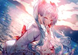 Rule 34 | 1girl, absurdres, backlighting, blue eyes, blue hair, blurry, bow, cherry blossom print, cloud, cloudy sky, commentary, depth of field, dutch angle, floral print, flower, ggatip, hair flower, hair ornament, hand to own mouth, hatsune miku, highres, holding, holding leaf, japanese clothes, kimono, lake, leaf, looking at viewer, looking to the side, maple leaf, mountain, mountainous horizon, obi, outdoors, rainbow, red bow, refraction, sash, sitting, sky, solo, upper body, vocaloid, water drop, white kimono