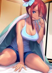 Rule 34 | 1girl, ;d, bare shoulders, blanket, blue eyes, blue shorts, blush, breasts, cleavage, commentary, creatures (company), fang, futon, game freak, hair between eyes, hair bun, kashi kosugi, large breasts, long hair, nintendo, one eye closed, open mouth, pokemon, pokemon bw, red hair, short shorts, shorts, side ponytail, signature, single side bun, sitting, skin fang, skyla (pokemon), smile, solo, tank top, tears, thighs, under covers, waking up, wariza, wiping tears