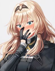 Rule 34 | 1girl, an-94 (girls&#039; frontline), aqua eyes, bad id, bad twitter id, black gloves, blonde hair, blush, girls&#039; frontline, gloves, hair between eyes, hair tie, hand on own face, headband, long hair, low tied hair, silence girl, sweat, tactical clothes, upper body