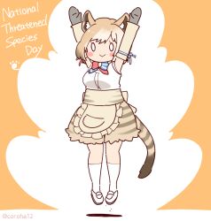Rule 34 | 1girl, animal ears, apron, arms up, bow, bowtie, brown hair, coroha, elbow gloves, extra ears, full body, gloves, jumping, kemono friends, kemono friends 3, looking at viewer, orange background, shirt, shoes, short hair, shorts, simple background, sleeveless, sleeveless shirt, socks, solo, tail, tasmanian tiger (kemono friends), tiger ears, tiger girl, tiger tail