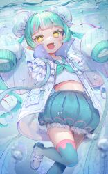 Rule 34 | 1girl, :d, blunt bangs, blush, bubble skirt, bun cover, commentary request, double bun, fang, flower-shaped pupils, frilled jacket, frilled skirt, frills, gaogao (gaogaomegu), green hair, green neckerchief, green sailor collar, grey thighhighs, hair bun, hands up, highres, jacket, jellyfish hair ornament, loafers, long hair, looking at viewer, miniskirt, multicolored hair, neckerchief, open clothes, open jacket, open mouth, original, oversized clothes, pointy ears, sailor collar, sailor shirt, shirt, shoes, short hair with long locks, skin fang, skirt, sleeves past fingers, sleeves past wrists, smile, solo, streaked hair, symbol-shaped pupils, thighhighs, underwater, w arms, white footwear, white jacket, yellow eyes, zettai ryouiki