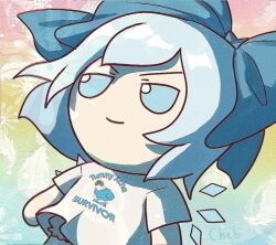 Rule 34 | 1girl, blue bow, blue eyes, blue hair, bow, chibi, chromatic aberration, cirno, commentary, feathers, film grain, fumo (doll), hair bow, ice, ice wings, shirt, skullchimes, smile, snowflake background, solo, t-shirt, touhou, v-shaped eyebrows, wings