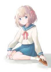Rule 34 | 1girl, blue eyes, blue sailor collar, blue skirt, brown footwear, commentary request, fingernails, hair ribbon, hand on own foot, hand on own knee, head tilt, highres, hoshiibara mato, light brown hair, light smile, loafers, long sleeves, looking at viewer, original, pink neckwear, pink ribbon, pleated skirt, ribbon, sailor collar, school uniform, serafuku, shoes, short hair, simple background, sitting, sketch, skirt, sleeve cuffs, socks, solo, wariza, white background, white socks
