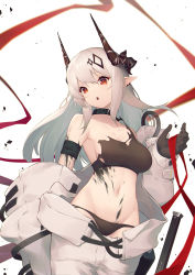 Rule 34 | 1girl, absurdres, arknights, armband, armpits, bare shoulders, black choker, black gloves, black panties, black shirt, blouse, breasts, choker, crop top, earrings, gloves, groin, hair ornament, highres, horns, infection monitor (arknights), jewelry, jiusan naitang, long hair, looking at viewer, material growth, medium breasts, midriff, mudrock (arknights), mudrock (elite ii) (arknights), navel, off shoulder, open mouth, oripathy lesion (arknights), panties, pointy ears, red eyes, red ribbon, ribbon, shirt, sidelocks, sleeveless, sleeveless shirt, solo, stomach, torn clothes, torn shirt, underwear, white background, white hair