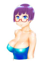 Rule 34 | 1girl, blue eyes, breasts, cleavage, closed mouth, glasses, large breasts, looking at viewer, original, short hair, simple background, smile, solo, ueyama michirou, white background