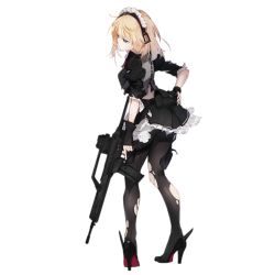 Rule 34 | 1girl, apron, arm behind back, armor, assault rifle, bag, black footwear, black gloves, black pantyhose, blonde hair, blue eyes, braid, braided bangs, breastplate, breasts, character name, collared shirt, cropped jacket, dirty, fingerless gloves, french braid, from side, full body, g36 (girls&#039; frontline), g36 (mod3) (girls&#039; frontline), girls&#039; frontline, gloves, gun, h&amp;k g36, heckler &amp; koch, high heels, holding, imoko (imonatsuki), injury, juliet sleeves, long sleeves, looking afar, maid, maid apron, maid headdress, medium breasts, medium hair, midriff, mod3 (girls&#039; frontline), neck ribbon, official alternate costume, official art, pantyhose, puffy sleeves, red ribbon, ribbon, rifle, shirt, sidelocks, skirt, sleeve cuffs, sleeves rolled up, solo, thigh strap, thighband pantyhose, torn clothes, torn pantyhose, transparent background, trigger discipline, tsurime, waist apron, weapon, wing collar
