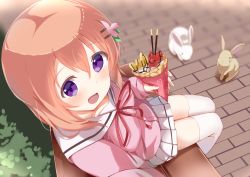 Rule 34 | 1girl, :d, animal, bench, blouse, blush, breasts, buttons, chocolate, collarbone, commentary request, crepe, food, from above, fruit, gochuumon wa usagi desu ka?, guraasan, hair between eyes, holding, holding food, hoto cocoa, hoto cocoa&#039;s school uniform, long sleeves, looking at viewer, neck ribbon, on bench, open mouth, orange hair, outdoors, pink shirt, pleated skirt, pocky, purple eyes, rabbit, red neckwear, ribbon, sailor collar, school uniform, serafuku, shirt, short hair, sitting, skirt, small breasts, smile, sprinkles, strawberry, thighhighs, whipped cream, white sailor collar, white skirt, white thighhighs, zettai ryouiki