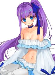 Rule 34 | 1girl, bare shoulders, bikini, blue eyes, blue ribbon, blush, breasts, closed mouth, collarbone, earrings, fate/grand order, fate (series), frilled bikini, frills, hair between eyes, hair ribbon, jewelry, long hair, long sleeves, looking at viewer, magonuri, meltryllis, meltryllis (fate), meltryllis (swimsuit lancer) (fate), meltryllis (swimsuit lancer) (third ascension) (fate), navel, pantyhose, puffy sleeves, purple hair, ribbon, side ponytail, sitting, sleeves past fingers, sleeves past wrists, small breasts, solo, swimsuit, thighs, very long hair, white pantyhose