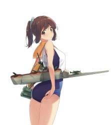 Rule 34 | 10s, 1girl, adjusting clothes, adjusting swimsuit, ass, bare shoulders, brown eyes, brown hair, from behind, highres, i-401 (kancolle), kantai collection, looking at viewer, looking back, one-piece swimsuit, oweee, ponytail, sailor collar, school swimsuit, short hair, short ponytail, simple background, solo, swimsuit, tan, weapon, white background