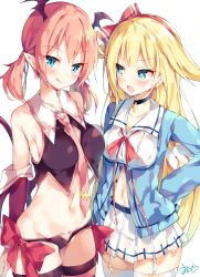 Rule 34 | 2girls, :q, bare shoulders, between breasts, black choker, blonde hair, blue eyes, blue shirt, blush, bow, breasts, brown shirt, brown wings, choker, closed mouth, clothing cutout, collared shirt, commentary request, crop top, cross, cross choker, demon girl, demon tail, demon wings, detached sleeves, duplicate, garter straps, groin, hair bow, hair flaps, hairband, hand on own hip, head tilt, head wings, heart cutout, highres, long hair, long sleeves, low twintails, lucia primrose, medium breasts, mini wings, multiple girls, navel, necktie, necktie between breasts, open mouth, original, pink neckwear, pleated skirt, raphilia meredith, red bow, red eyes, red hairband, red sleeves, shirt, short twintails, signature, simple background, skindentation, skirt, sleeveless, sleeveless shirt, sleeves past fingers, sleeves past wrists, small breasts, smile, striped legwear, sweat, tail, tail raised, thighhighs, tongue, tongue out, twintails, unacchi (nyusankin), v-shaped eyebrows, very long hair, white background, white legwear, white skirt, white wings, wings