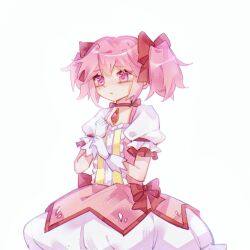 1girl bow center_frills choker commentary_request dewmint_(kan_zhiding) dress frills gloves hair_bow highres kaname_madoka kaname_madoka_(magical_girl) looking_ahead magical_girl mahou_shoujo_madoka_magica mahou_shoujo_madoka_magica_(anime) own_hands_together pink_background pink_eyes pink_hair ribbon_choker short_sleeves solo soul_gem twintails