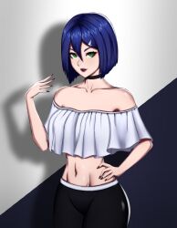 Rule 34 | 1girl, abs, absurdres, aged up, black background, black choker, black leggings, black pants, blue hair, blunt ends, bob cut, breasts, casual, choker, collarbone, commentary, cowboy shot, crop top, crop top overhang, darling in the franxx, eyelashes, green eyes, groin, hair between eyes, hair ornament, hairclip, hand on own hip, hand up, highres, ichigo (darling in the franxx), inverted bob, large breasts, leggings, lips, lipstick, looking at viewer, looking to the side, loose clothes, loose shirt, makeup, midriff, nail polish, navel, off-shoulder shirt, off shoulder, pants, red lips, red nails, romaji commentary, shadow, shio aw, shirt, solo, white background, white shirt