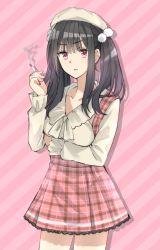 Rule 34 | 1girl, annoyed, arm under breasts, black hair, cigarette, collarbone, frills, hair ornament, hat, highres, holding, holding cigarette, long hair, long sleeves, looking at viewer, original, pink eyes, plaid, plaid skirt, sidelocks, skirt, solo, somechime (sometime1209), standing, twintails