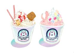 Rule 34 | animal-themed food, bear, bow, bowtie, candy, cat, cookie, cream, english text, food, food focus, food request, hakuchizu, heart, ice cream, ice cream cup, in food, logo, no humans, original, pink fur, pocky, polar bear, product placement, shadow, simple background, strawberry syrup, sweets, twitter username, undersized animal, watermark, white background, white fur