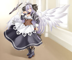 Rule 34 | 1girl, ankle boots, antenna hair, apron, black legwear, blush, boots, breasts, cleavage, collar, corset, emil chronicle online, feathered wings, floating sword, full body, gem, hair over one eye, hair ribbon, highres, juliet sleeves, kasuga yukihito, light purple hair, long hair, long sleeves, looking at viewer, low-tied long hair, maid, maid apron, maid headdress, medium breasts, pink eyes, puffy sleeves, ribbon, short sword, smile, solo, sword, very long hair, weapon, white wings, wings, wrist cuffs