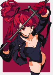 Rule 34 | 1girl, black thighhighs, gloves, highres, pekeponn, persona, persona 5, persona 5 the royal, red background, red eyes, red gloves, red hair, solo, sword, thighhighs, unfinished, weapon, yoshizawa kasumi