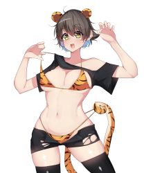 Rule 34 | 1girl, :d, absurdres, adjusting clothes, adjusting swimsuit, animal ears, animal print, bikini, black shirt, black shorts, black thighhighs, blush, breasts, brown eyes, brown hair, claw pose, cleavage, clothes lift, commentary request, cowboy shot, earrings, fang, girls und panzer, highres, jewelry, kshimu, lifting own clothes, looking at viewer, medium breasts, micro shorts, nakajima (girls und panzer), navel, open mouth, orange bikini, prehensile tail, print bikini, shirt, shirt lift, short hair, short sleeves, shorts, simple background, skindentation, smile, solo, standing, string bikini, stud earrings, swimsuit, t-shirt, tail, thighhighs, tiger ears, tiger print, tiger tail, torn clothes, torn shirt, torn shorts, white background