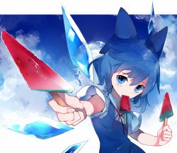 Rule 34 | 1girl, blue bow, blue dress, blue eyes, blue hair, blue sky, bow, cirno, dress, food, fruit, hair bow, highres, ice, ice wings, ikurauni, looking at viewer, popsicle, puffy short sleeves, puffy sleeves, red ribbon, ribbon, shirt, short hair, short sleeves, sky, solo, touhou, watermelon, watermelon bar, white shirt, wings