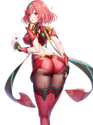 Rule 34 | 1girl, ?, ass, back, black gloves, blush, breasts, earrings, envelope, female focus, fingerless gloves, gloves, highres, jewelry, large breasts, letter, looking at viewer, looking back, matching hair/eyes, nintendo, open mouth, pantyhose, pantyhose under shorts, pyra (xenoblade), red eyes, red hair, red shorts, ririko (zhuoyandesailaer), shiny clothes, short hair, short shorts, shorts, simple background, smash invitation, solo, super smash bros., swept bangs, thighhighs, tiara, wax seal, xenoblade chronicles (series), xenoblade chronicles 2