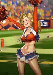 Rule 34 | 1girl, arms up, blonde hair, blue eyes, blurry, blurry background, blush, breasts, cheering, cheerleader, cleavage, confetti, cowboy shot, highres, long hair, long sleeves, medium breasts, midriff, mleth, navel, open mouth, original, pom pom (cheerleading), shadow, smile, solo