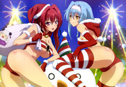 Rule 34 | 10s, 2girls, absurdres, ass, blue hair, breasts, character print, christmas, christmas tree, cleavage, hair intakes, hairband, hat, highres, large breasts, looking at viewer, medium breasts, multiple girls, naruse maria, naruse mio, nonaka yuki, official art, open mouth, party hat, red eyes, red hair, sack, santa hat, shinmai maou no testament, smile, snowman, striped clothes, striped legwear, striped thighhighs, thighhighs, underboob, yellow eyes