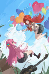 Rule 34 | 2girls, :d, absurdres, balloon, black skirt, black socks, blue eyes, blue sky, bocchi the rock!, bow, box, brown footwear, cardboard box, cloud, commentary request, cube hair ornament, full body, gotoh hitori, green eyes, grey skirt, guitar, hair between eyes, hair ornament, hair over eyes, heart balloon, highres, instrument, jacket, kita ikuyo, loafers, long hair, long sleeves, looking at another, multiple girls, one side up, open mouth, origami42169025, outdoors, pink hair, pink jacket, pleated skirt, red bow, red hair, sailor collar, school uniform, shoes, shuka high school uniform, skirt, sky, smile, socks, star balloon, track jacket, white sailor collar, white socks