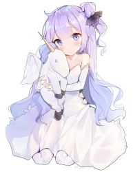 Rule 34 | 1girl, artist name, azur lane, bad id, bad pixiv id, bare shoulders, blue eyes, detached sleeves, dress, flat chest, highres, kurut, long hair, looking at viewer, one side up, purple hair, simple background, sitting, sleeves past wrists, solo, strapless, strapless dress, stuffed animal, stuffed toy, stuffed winged unicorn, unicorn (azur lane), wariza, white background, white dress, white legwear