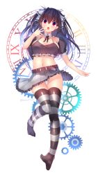 Rule 34 | 1girl, :o, artist name, belt, black thighhighs, blush, breasts, brown hair, cleavage, clock, collarbone, crop top, female focus, frilled shirt, frills, full body, gears, grey skirt, hair between eyes, hair ribbon, head tilt, highres, large breasts, long hair, looking at viewer, midriff, navel, no shoes, open mouth, original, panties, pleated skirt, puffy short sleeves, puffy sleeves, red eyes, ribbon, roman numeral, running, shirt, short sleeves, simple background, skirt, solo, stomach, strap, striped clothes, striped thighhighs, taut clothes, thighhighs, unagidon (hakarigoto), underwear, white background, white panties, white ribbon