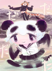 Rule 34 | 2girls, absurdres, afterimage, animal ears, black eyes, black gloves, black hair, black pantyhose, black sailor collar, black shirt, black shorts, black skirt, blush, closed eyes, closed mouth, commentary request, elbow gloves, flower in eye, giant panda (kemono friends), gloves, head back, highres, kemono friends, lesser panda (kemono friends), long sleeves, midriff peek, mountainous horizon, multicolored hair, multiple girls, navel, neckerchief, open mouth, orange hair, outdoors, outstretched arms, panda ears, panda girl, pantyhose, pero (sabuaka bacon), pink sky, pleated skirt, puffy long sleeves, puffy sleeves, red panda ears, red panda girl, red panda tail, running, sailor collar, school uniform, serafuku, shirt, short shorts, short sleeves, shorts, size difference, skirt, sky, smear frame, smile, sound effects only, standing, standing on another&#039;s head, standing on one leg, symbol in eye, tareme, white hair, white neckerchief, white shirt