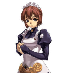 Rule 34 | 1girl, black eyes, brown hair, dress, maid, maid headdress, official art, puffy sleeves, rimm, rimm (spectral force), short hair, solo, spectral (series), spectral force, white background
