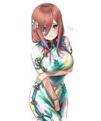 Rule 34 | 1girl, blue eyes, blush, bracelet, breast hold, breasts, china dress, chinese clothes, dress, flower, frown, go-toubun no hanayome, hair between eyes, hair flower, hair ornament, headphones, headphones around neck, highres, jewelry, large breasts, leaf print, long hair, mitsugu, nakano miku, red hair, signature, simple background, solo, sweatdrop, swept bangs, wavy mouth, white background