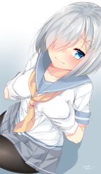 Rule 34 | 10s, 1girl, absurdres, blue eyes, blush, breast hold, breasts, gloves, hair ornament, hair over one eye, hairclip, hamakaze (kancolle), highres, kantai collection, looking at viewer, nebusoku, pantyhose, pleated skirt, school uniform, grabbing own breast, serafuku, short hair, signature, silver hair, skirt, solo, twitter username