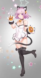 Rule 34 | 1girl, absurdres, akamoku, alternate costume, animal ears, animal hands, armband, bad id, bad pixiv id, bare shoulders, bell, black footwear, blush, boots, breasts, cat ears, cat tail, cleavage, commentary request, dress, eyes visible through hair, fake animal ears, fate/grand order, fate (series), full body, gloves, gradient background, grey background, hair between eyes, highres, knee boots, leg up, light purple hair, looking at viewer, mash kyrielight, medium breasts, open mouth, panties, paw gloves, purple eyes, short hair, solo, standing, star (symbol), starry background, tail, underwear, white dress, white panties