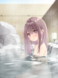 Rule 34 | 1girl, blush, breasts, brown hair, closed mouth, commentary request, from side, highres, long hair, looking at viewer, nipples, onsen, original, paid reward available, partially submerged, pink eyes, sitting, small breasts, smile, solo, tenjou ryuka