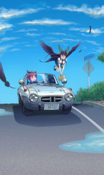 Rule 34 | ^ ^, absurdres, animal ears, bag, blouse, blunt bangs, braid, car, cat ears, closed eyes, day, feathers, flying, highres, holding, holding bag, joeychen, kaenbyou rin, legs together, long image, motor vehicle, outdoors, puddle, reiuji utsuho, shirt, sky, tall image, touhou, toyota, toyota sports 800, twin braids, vehicle focus, white shirt