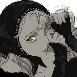 Rule 34 | 1girl, asymmetrical bangs, bare shoulders, closed mouth, detached hood, detached sleeves, dress, dungeon meshi, ear covers, floating hair, from side, greyscale, hands up, hashtag-only commentary, highres, hood, hood up, lace-trimmed sleeves, lace trim, long hair, looking at viewer, marcille donato, marcille donato (lord), monochrome, n 5rkgk, official alternate costume, one eye closed, portrait, sideways glance, simple background, sleeves past wrists, solo, spoilers, tearing up, tears, wiping tears