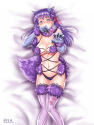 Rule 34 | 1girl, animal ears, artist name, bare shoulders, bed sheet, blue gloves, blush, bow, breasts, claw pose, claws, cleavage, cosplay, covering own mouth, dakimakura (medium), detached collar, elbow gloves, eyebrows, fang, fate/grand order, fate/stay night, fate (series), fur trim, glint, gloves, gluteal fold, hair ribbon, halloween costume, heart, heart-shaped pupils, heavy breathing, highres, knees together feet apart, lace, lace-trimmed legwear, lace trim, long hair, looking at viewer, lying, mash kyrielight, mash kyrielight (dangerous beast), mash kyrielight (dangerous beast) (cosplay), matou sakura, medium breasts, navel, o-ring, official alternate costume, on back, on bed, open mouth, palms, panties, pink bow, pink ribbon, purple eyes, purple hair, purple panties, purple thighhighs, revealing clothes, ribbon, rna (angel-smelter), shade, shielder (fate/grand order), shielder (fate/grand order) (cosplay), shiny clothes, shiny skin, solo, stomach, strap gap, symbol-shaped pupils, tail, thigh gap, thighhighs, underboob, underwear, wavy mouth, wet, wet clothes, wet panties, wolf ears, wolf tail