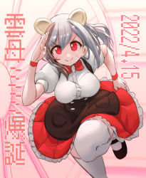 Rule 34 | 1girl, absurdres, animal ears, black footwear, bow, bowtie, breasts, closed mouth, extra ears, frilled skirt, frills, grey hair, hamster ears, highres, indie virtual youtuber, kirara mimi, lace, lace-trimmed legwear, lace trim, large breasts, lowlandgorilla, multicolored hair, red bow, red bowtie, red eyes, red skirt, running, shirt, short sleeves, skirt, smile, solo, split mouth, streaked hair, sweat, thighhighs, v-shaped eyebrows, virtual youtuber, white shirt, white thighhighs