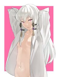 Rule 34 | 1girl, arms behind back, arms up, border, breasts, commentary, fire emblem, fire emblem: three houses, groin, highres, lysithea von ordelia, medium breasts, navel, nintendo, open clothes, open shirt, outside border, pink background, pink eyes, pomelomelon, shirt, sidelocks, solo, stomach, upper body, white border, white hair, white shirt