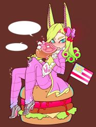 Rule 34 | 1boy, american flag, blonde hair, blue eyes, brown background, burger, cherry, chibi, curly hair, d2 (0a2a2a1), dirty deeds done dirt cheap, eating, fabulous, food, fruit, funny valentine, gloves, gradient hair, green hair, high heels, jojo no kimyou na bouken, long hair, male focus, meat, multicolored hair, red hair, ribbon, shoes, simple background, sitting, solo, stand (jojo), steel ball run