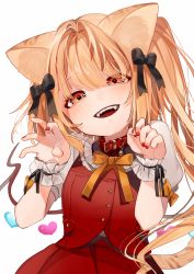 Rule 34 | 1girl, animal ears, bad id, bad pixiv id, bell, black bow, blonde hair, bow, buttons, cat ears, cat tail, claw pose, collar, commentary, fangs, flandre scarlet, gotou (nekocat), hair bow, head tilt, heart, highres, jingle bell, kemonomimi mode, long hair, looking at viewer, nail polish, puffy short sleeves, puffy sleeves, red eyes, red nails, red skirt, short sleeves, simple background, skirt, skirt set, smile, solo, tail, touhou, vest, white background, wings, wrist cuffs
