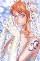 Rule 34 | 1girl, alternate costume, arm tattoo, artist name, bare shoulders, bridal gauntlets, bridal veil, character name, closed mouth, commentary, dress, earrings, elbow gloves, english commentary, gloves, highres, jewelry, jolly roger, looking at viewer, nami (one piece), one piece, orange eyes, orange hair, pearl earrings, short hair, shoulder tattoo, signature, skull and crossbones, smile, solo, tattoo, veil, wedding dress, white dress, yellow (huang-hotdog)