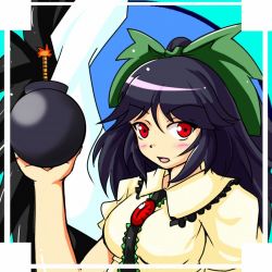 Rule 34 | 1girl, bad id, bad pixiv id, black hair, bomb, bow, breasts, cape, explosive, female focus, hair bow, large breasts, long hair, open mouth, red eyes, reiuji utsuho, solo, third eye, touhou, upper body, wings, yoshida tatsumi